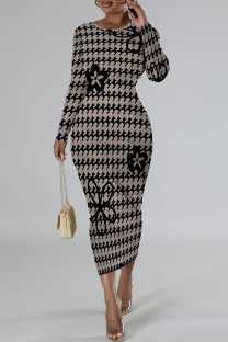 Camel Casual Plaid Cartoon Print Flowers Contrast O Neck Printed Dresses