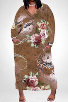 Brown Elegant Floral Print Pocket Contrast V Neck Printed Plus Size Dresses