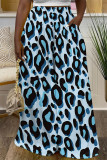 Blue Casual Leopard Pocket Contrast Loose High Waist Wide Leg Full Print Bottoms