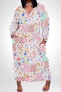 Pink Casual Colorblock Floral Print Pocket Contrast V Neck Printed Plus Size Dresses