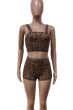 Dark Brown Sexy Leopard Print Patchwork Sleeveless Two Pieces