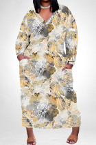 White Yellow Elegant Floral Print Pocket Contrast V Neck Printed Plus Size Dresses