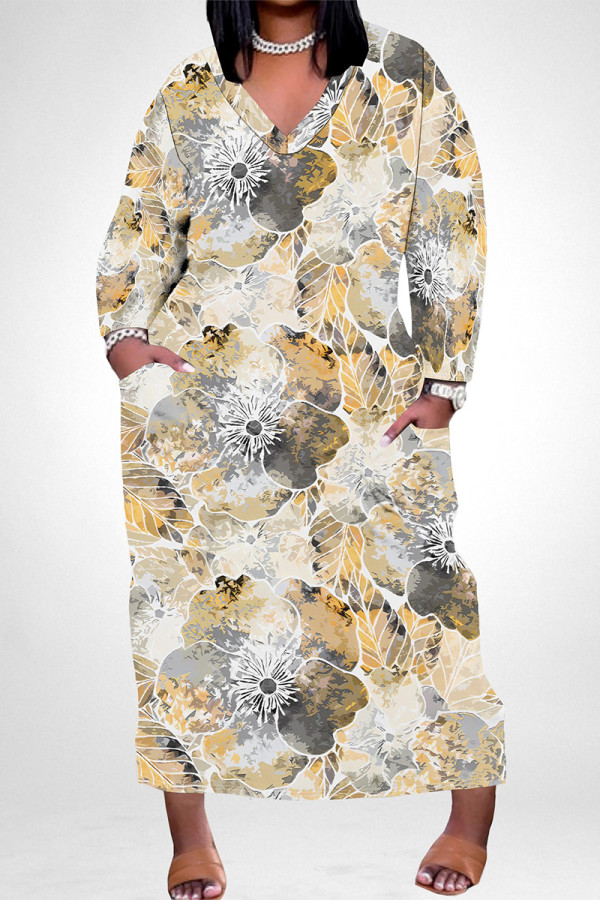 White Yellow Elegant Floral Print Pocket Contrast V Neck Printed Plus Size Dresses