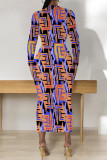 Black Elegant Geometric Print Contrast O Neck Printed Dresses