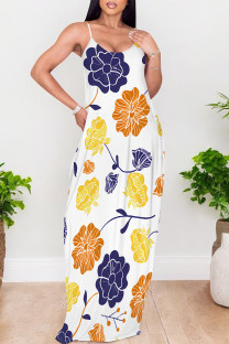White Sexy Floral Print Pocket Contrast V Neck Printed Dresses