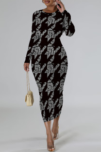 Black Elegant Geometric Print Contrast O Neck Printed Dresses