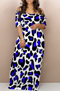 White Blue Sexy Leopard Contrast V Neck Printed Dresses