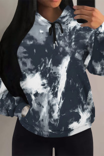 Dark Gray Casual Colorblock Camouflage Print Draw String Pocket Hooded Tops