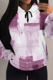 Pink Purple Casual Colorblock Camouflage Print Draw String Pocket Hooded Tops