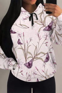 Pink Casual Colorblock Camouflage Print Draw String Pocket Hooded Tops