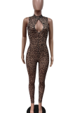 Leopard Print Sexy Leopard Print Hollow Out Zipper O Neck Skinny Jumpsuits