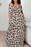 Coffee Sexy Leopard Contrast V Neck Printed Dresses