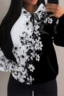 Black And White Casual Geometric Print Flowers Heart Shaped Draw String Pocket Hooded Tops