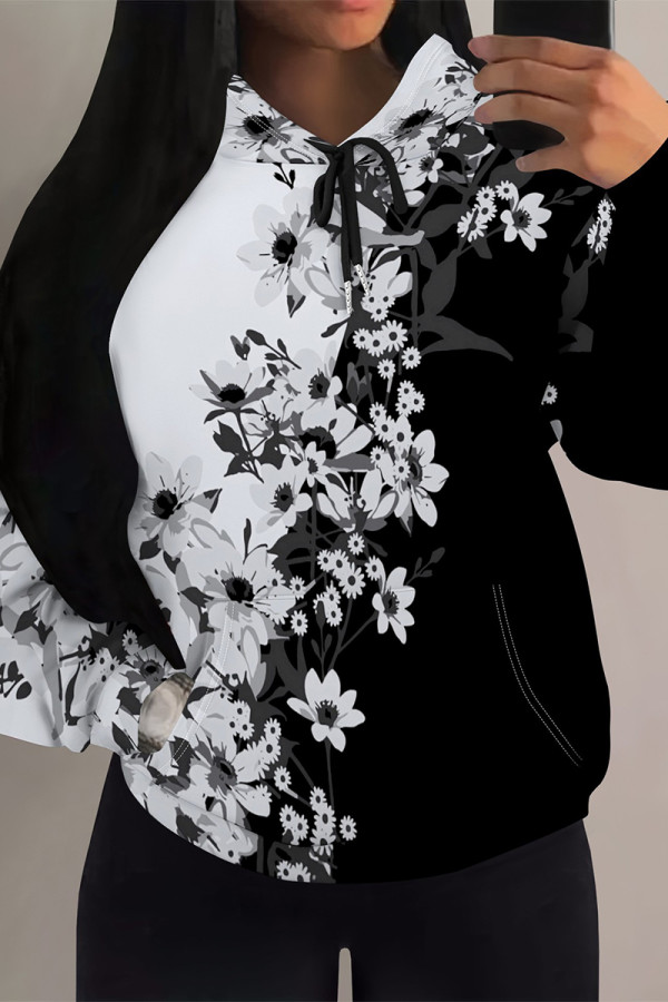 Black And White Casual Geometric Print Flowers Heart Shaped Draw String Pocket Hooded Tops