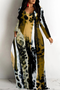Brown Elegant Floral Print Pocket Contrast V Neck Printed Dresses