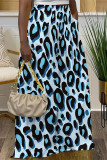 Blue Casual Leopard Pocket Contrast Loose High Waist Wide Leg Full Print Bottoms