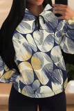 Blue Casual Geometric Print Flowers Heart Shaped Draw String Pocket Hooded Tops