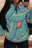Blue Casual Geometric Print Flowers Heart Shaped Draw String Pocket Hooded Tops