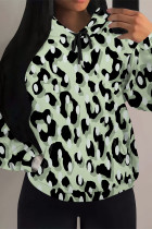 Light Green Casual Colorblock Camouflage Print Draw String Pocket Hooded Tops