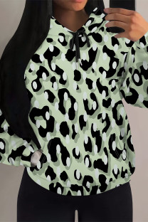 Light Green Casual Colorblock Camouflage Print Draw String Pocket Hooded Tops