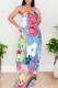 Blue Pink Sexy Graffiti Print Cartoon Pocket Contrast V Neck Printed Dresses