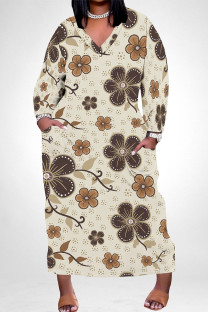 Apricot Elegant Floral Print Pocket Contrast V Neck Printed Plus Size Dresses