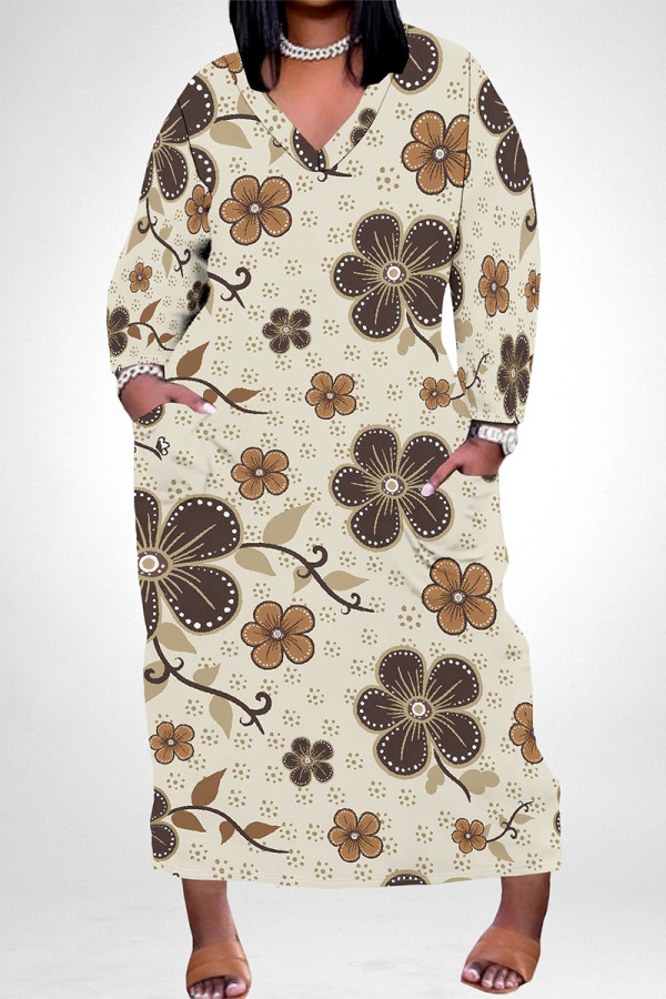 Apricot Elegant Floral Print Pocket Contrast V Neck Printed Plus Size Dresses