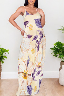 Light Yellow Sexy Floral Print Pocket Contrast V Neck Printed Dresses
