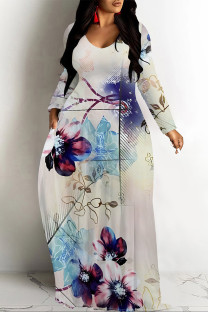 Gray Purple Elegant Floral Print Pocket Contrast V Neck Printed Dresses