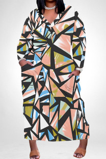 Pink Green Casual Colorblock Floral Print Pocket Contrast V Neck Printed Plus Size Dresses