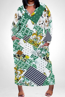 Green Elegant Floral Print Pocket Contrast V Neck Printed Plus Size Dresses