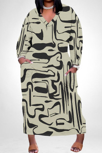 Dark Khaki Casual Colorblock Floral Print Pocket Contrast V Neck Printed Plus Size Dresses