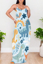 Blue Yellow Sexy Graffiti Print Cartoon Pocket Contrast V Neck Printed Dresses