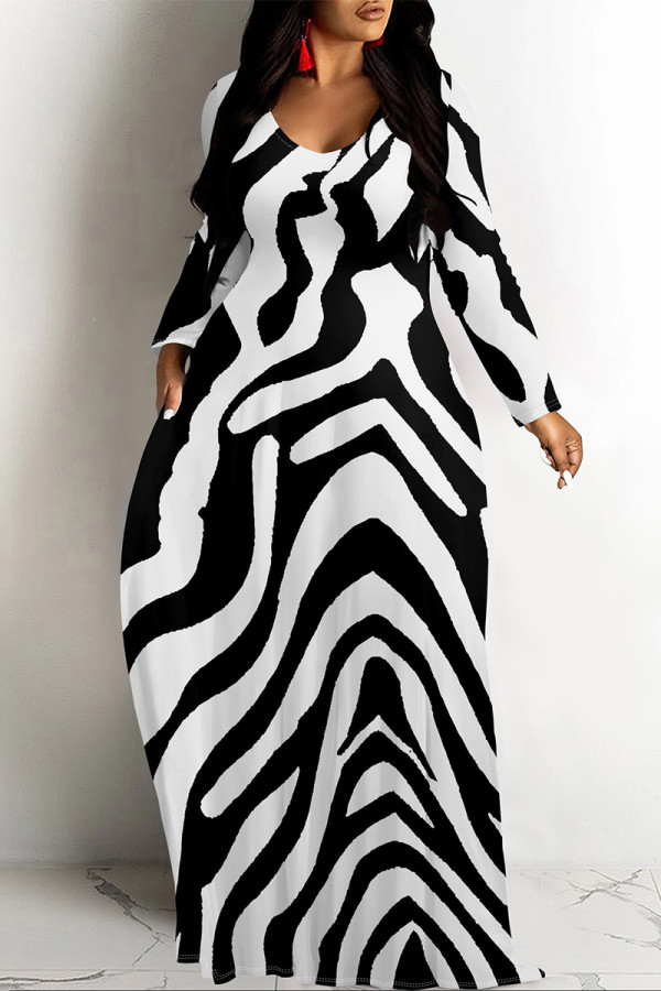 Black White Casual Geometric Print Pocket Contrast V Neck Printed Dresses
