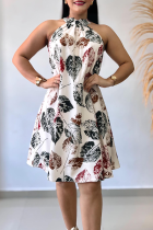 White Sexy Print Patchwork O Neck A Line Dresses