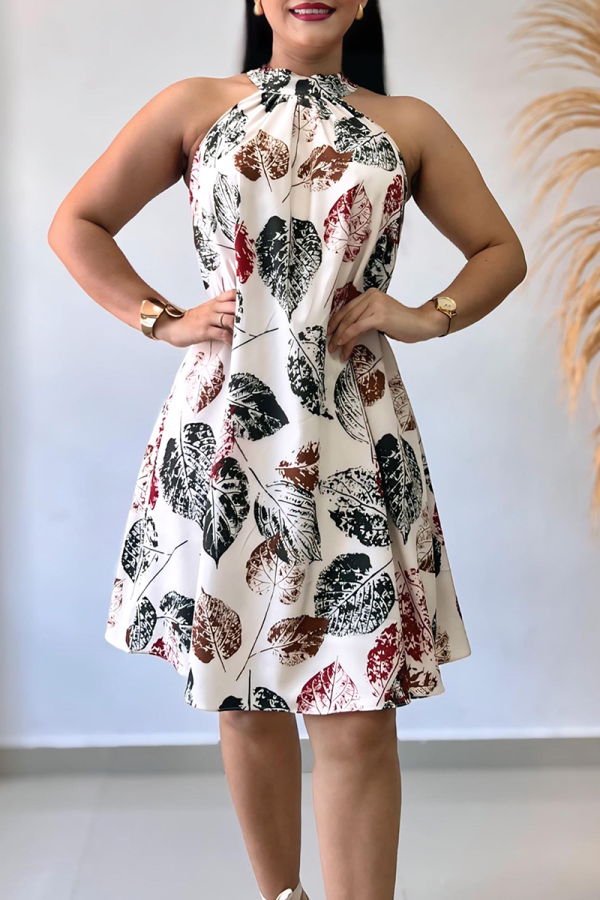 White Sexy Print Patchwork O Neck A Line Dresses