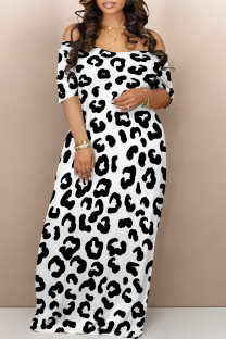 White Sexy Leopard Contrast V Neck Printed Dresses