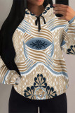 Blue Casual Geometric Print Flowers Heart Shaped Draw String Pocket Hooded Tops