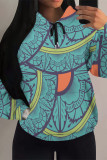 Blue Casual Geometric Print Flowers Heart Shaped Draw String Pocket Hooded Tops