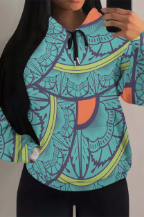 Blue Casual Geometric Print Flowers Heart Shaped Draw String Pocket Hooded Tops