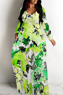 Green Elegant Floral Print Pocket Contrast V Neck Printed Dresses