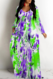 Purple Green Elegant Floral Print Pocket Contrast V Neck Printed Dresses