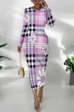 Purple Casual Plaid Cartoon Print Flowers Contrast O Neck Printed Dresses