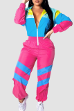 Powder Blue Casual Patchwork Zipper Contrast Zipper Collar Regular Jumpsuits