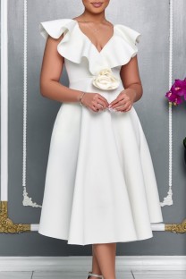 White Sexy Party Solid Color Ruffle Flowers V Neck A Line Dresses