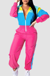 Rose Red Casual Patchwork Zipper Contrast Zipper Collar Regular Jumpsuits