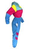 Powder Blue Casual Patchwork Zipper Contrast Zipper Collar Regular Jumpsuits