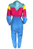 Powder Blue Casual Patchwork Zipper Contrast Zipper Collar Regular Jumpsuits