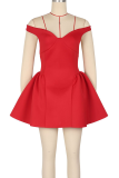 White Sexy Solid Color Patchwork Backless V Neck A Line Dresses