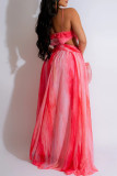 Red Celebrities Gradient Color Hollow Out Patchwork Backless Spaghetti Strap Long Dresses